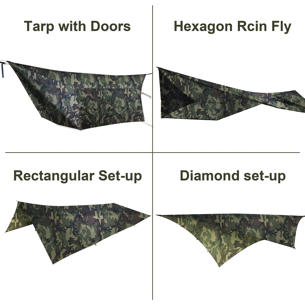 Onewind camo tarp setup with stakes demonstrates quick knotless installation