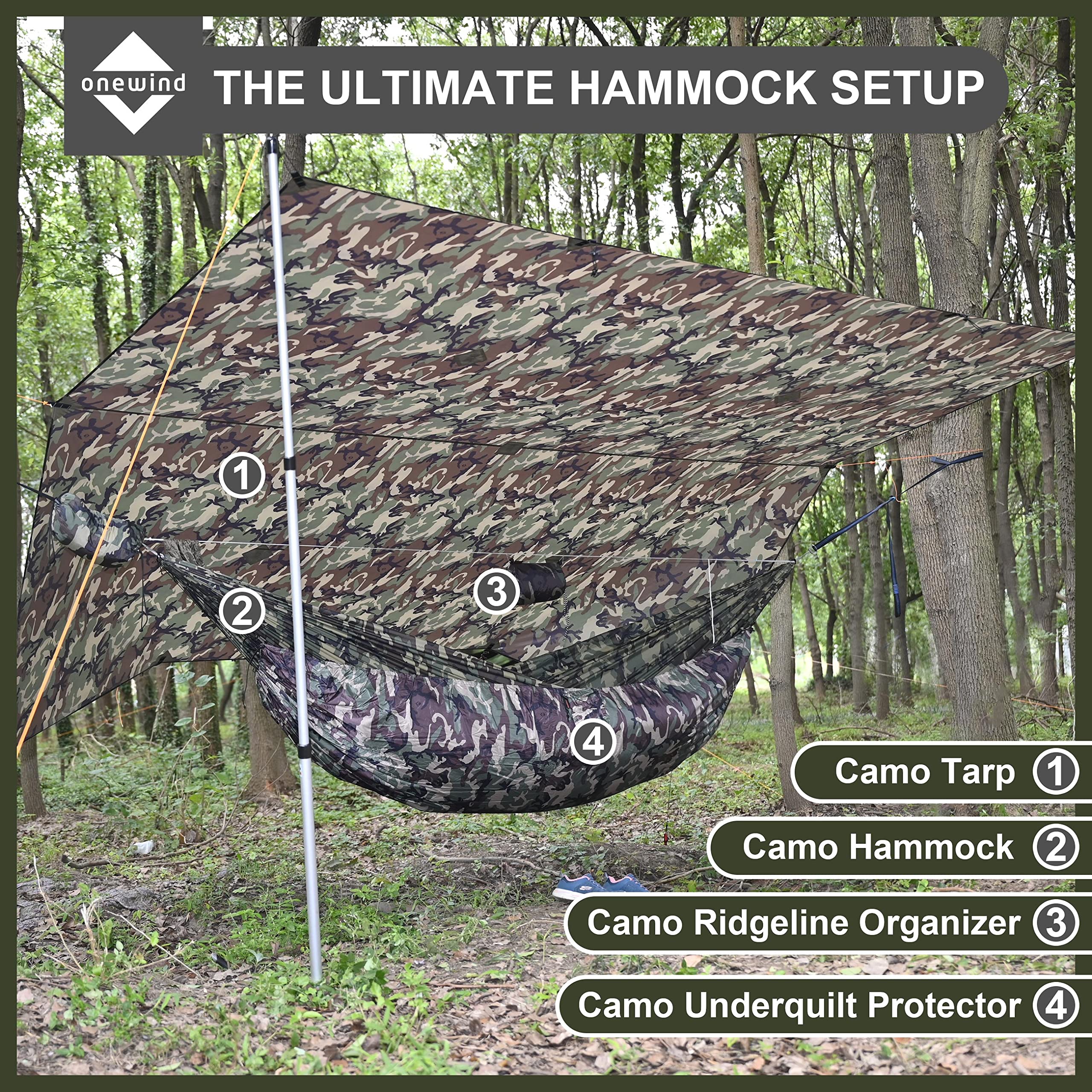 Onewind camo tarp tie-outs and pull-outs reinforce stability
