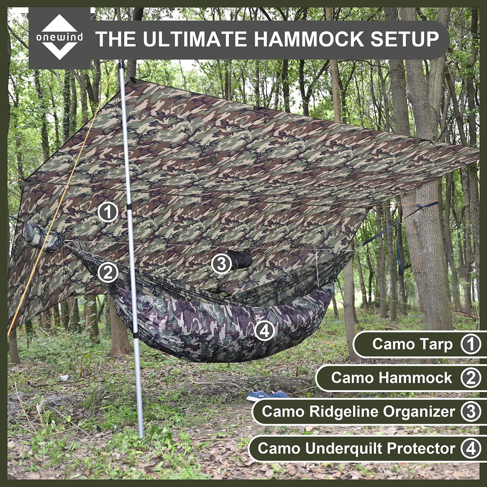 Onewind camo tarp tie-outs and pull-outs reinforce stability