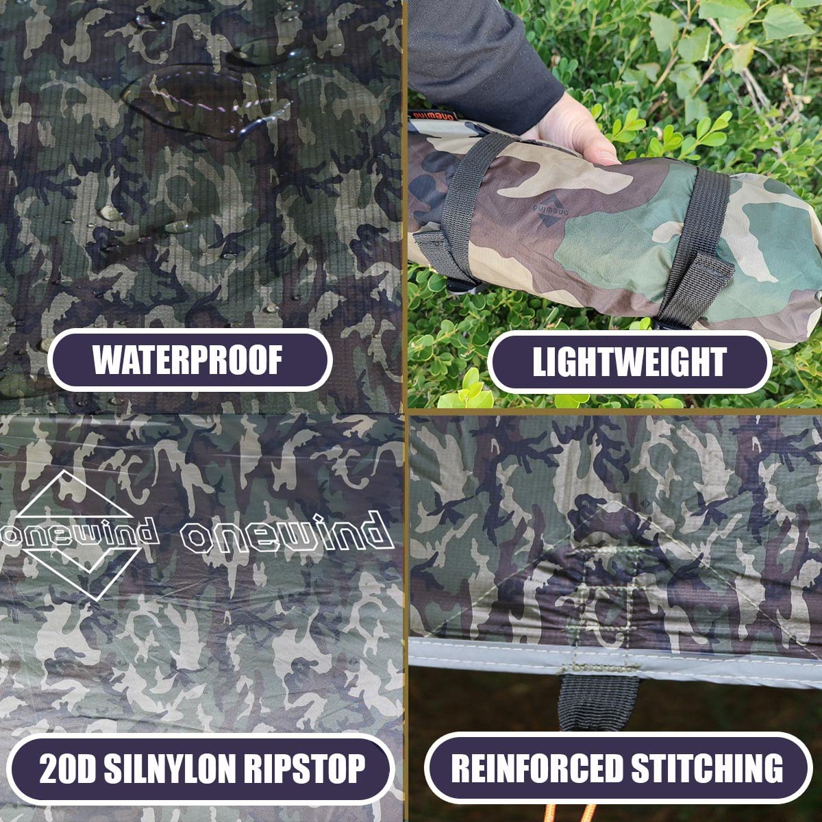Onewind camo tarp waterproof coating closeup highlights rain resistance and durability