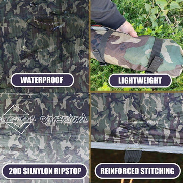 Onewind camo tarp waterproof coating closeup highlights rain resistance and durability