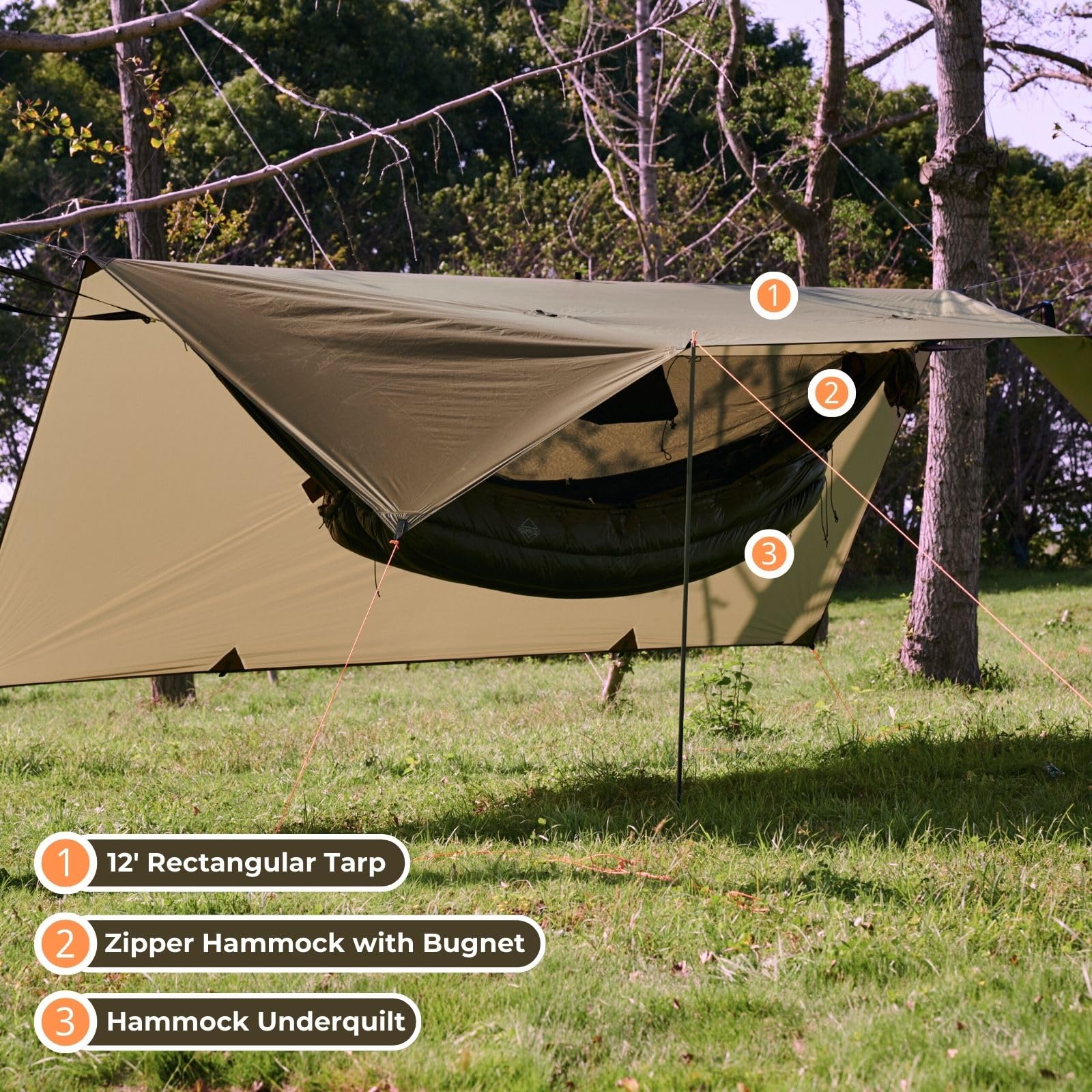 OneWind hammock tarp 12x10 stakes and guyline setup enables quick assembly