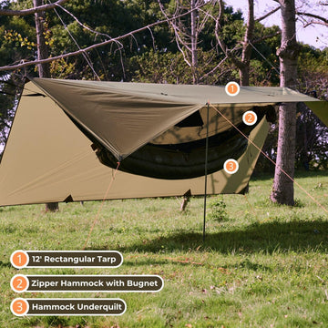OneWind hammock tarp 12x10 stakes and guyline setup enables quick assembly
