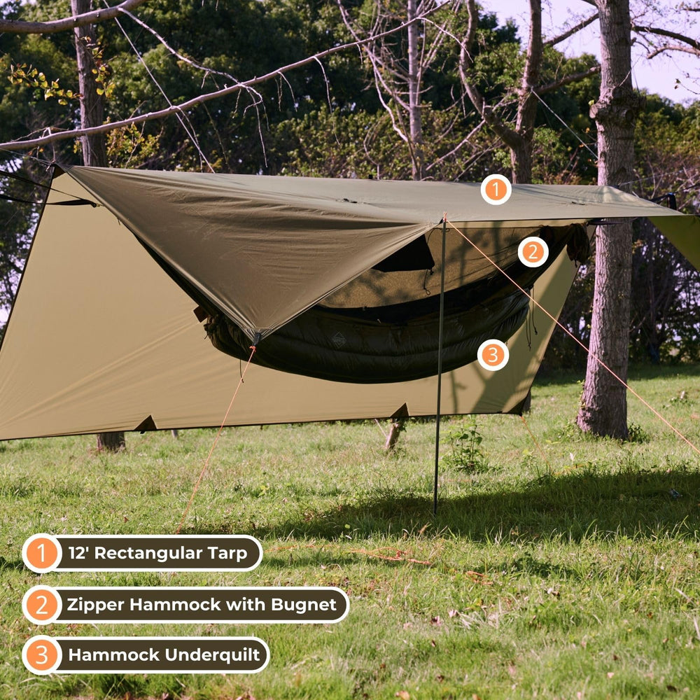 OneWind hammock tarp 12x10 stakes and guyline setup enables quick assembly