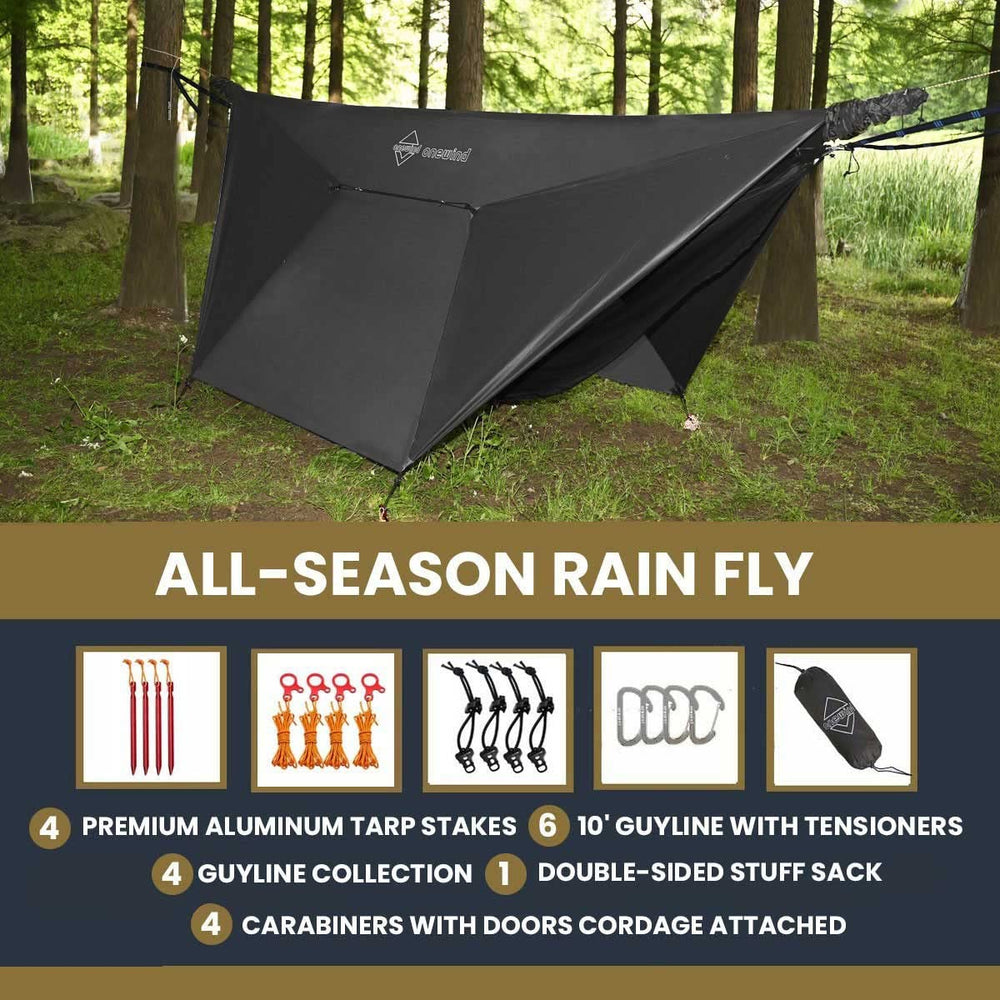Onewind hammock tarp overlapping door setup creates tent-like shelter.