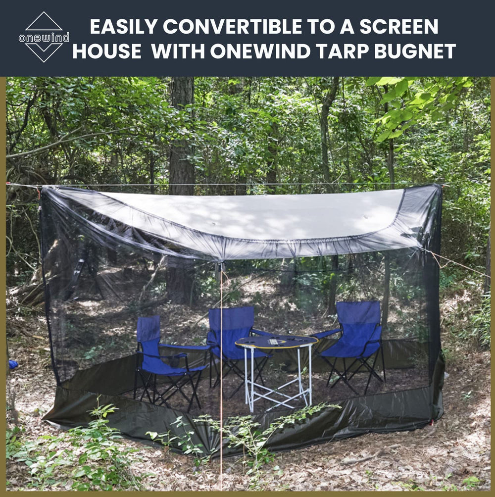 Onewind hammock tarp aluminum stakes provide secure anchoring.