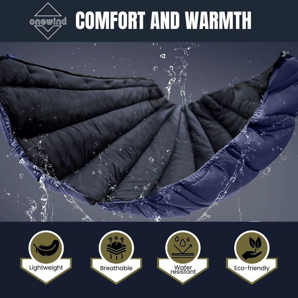 Onewind hammock underquilt navy blue in use shows full insulation for hammock camping.
