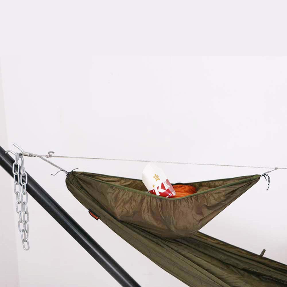 Onewind Peak Storage Hammock setup shows adjustable prusik knots for flexible positioning.