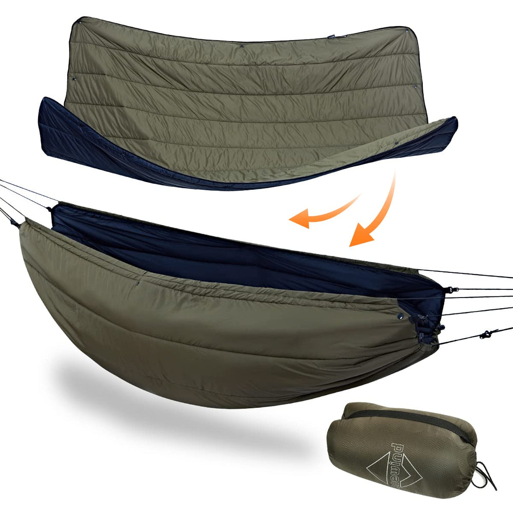 Onewind underquilt in OD green showing warm insulation for hammock camping.