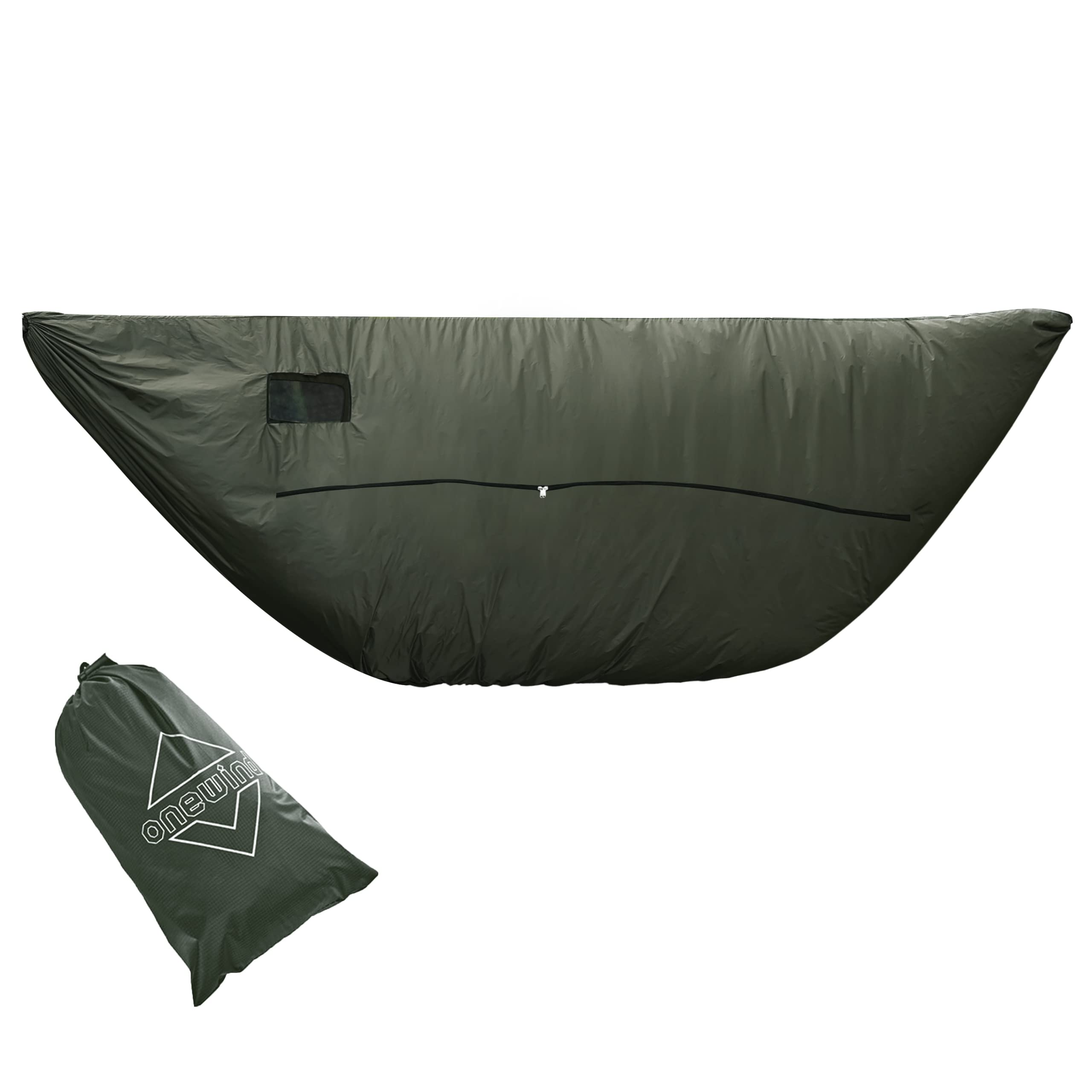 Onewind windsock provides all-weather protection for zippered hammocks in windy conditions.