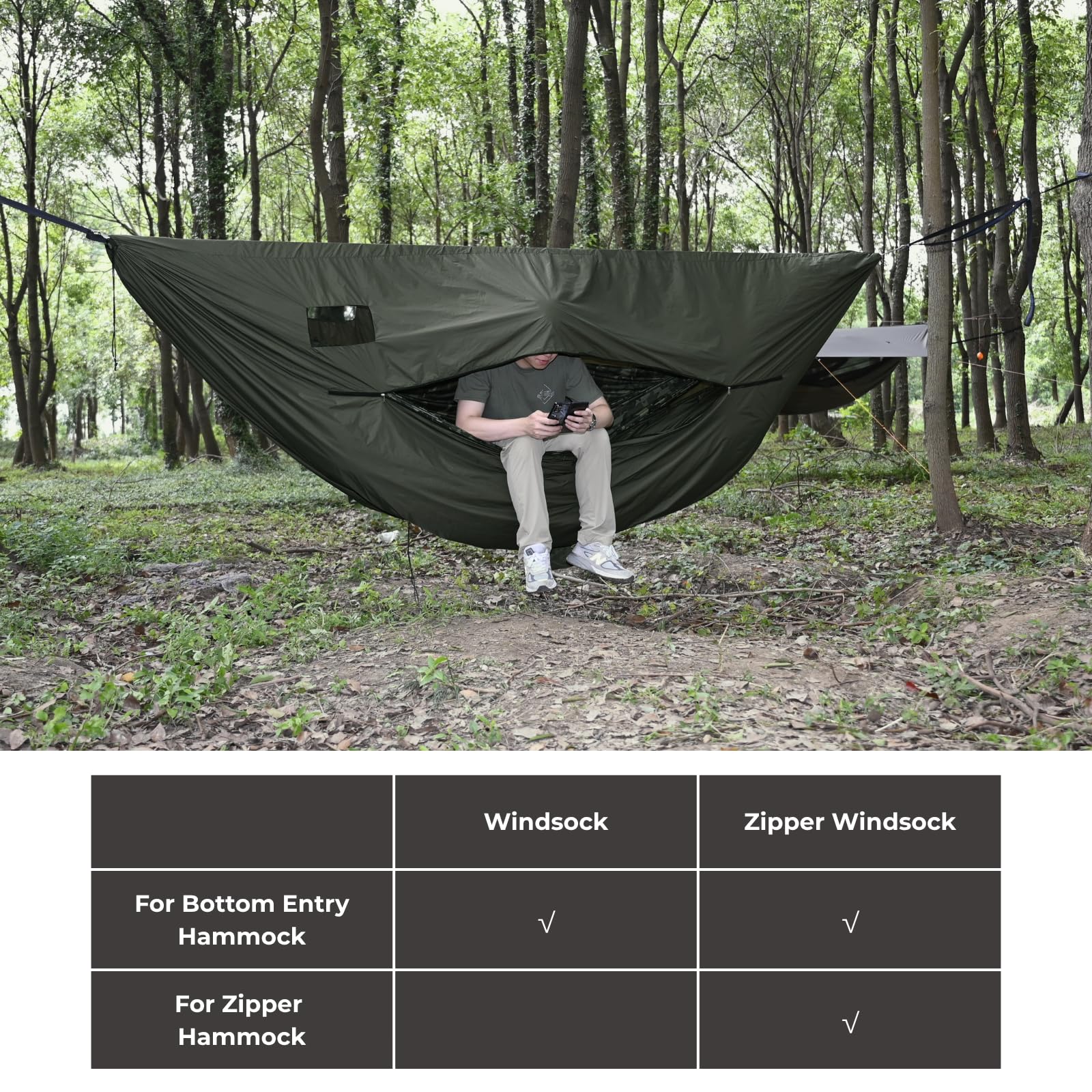 Onewind windsock includes a small mesh window to reduce interior condensation.