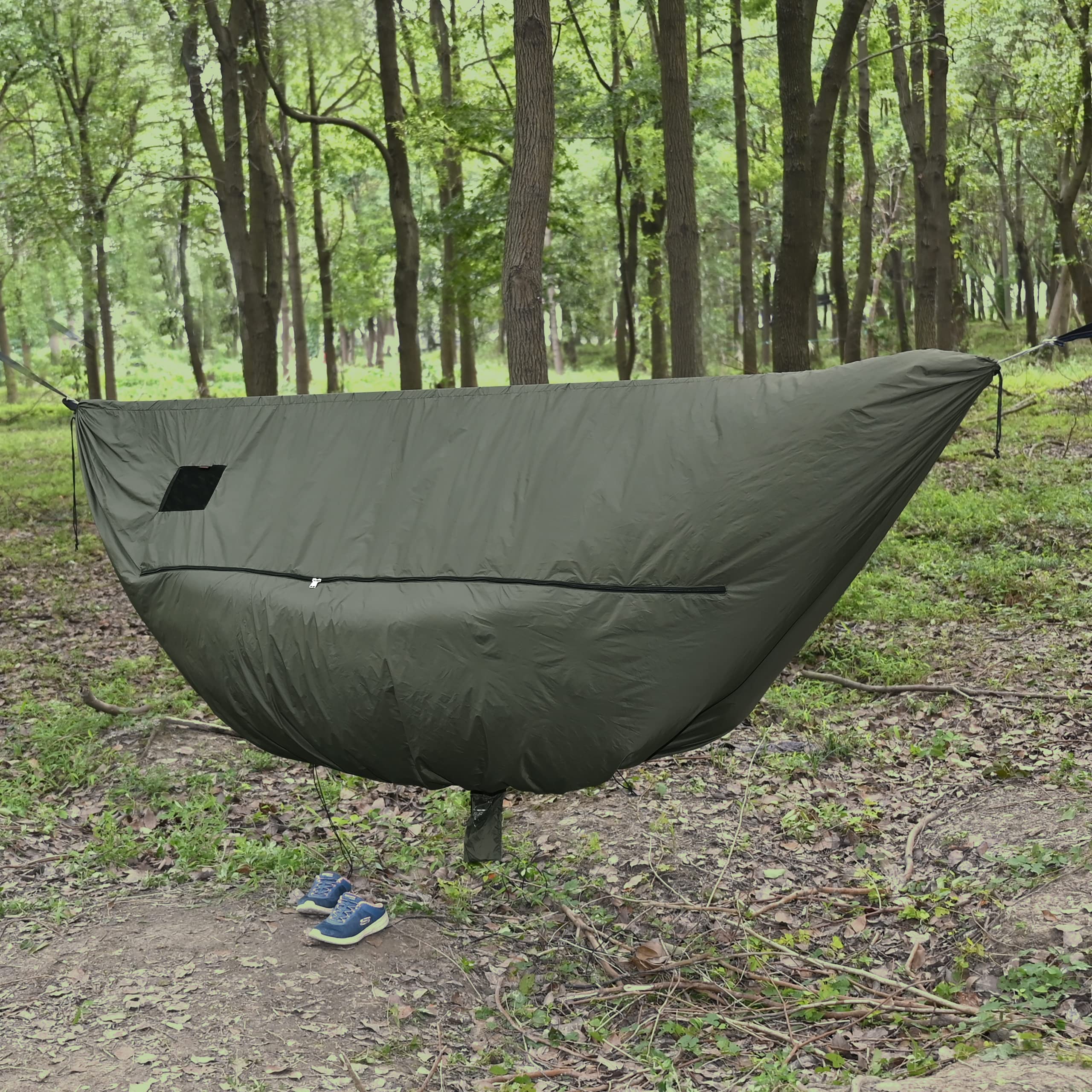 Onewind windsock warms and comforts campers during cold nights in the hammock.