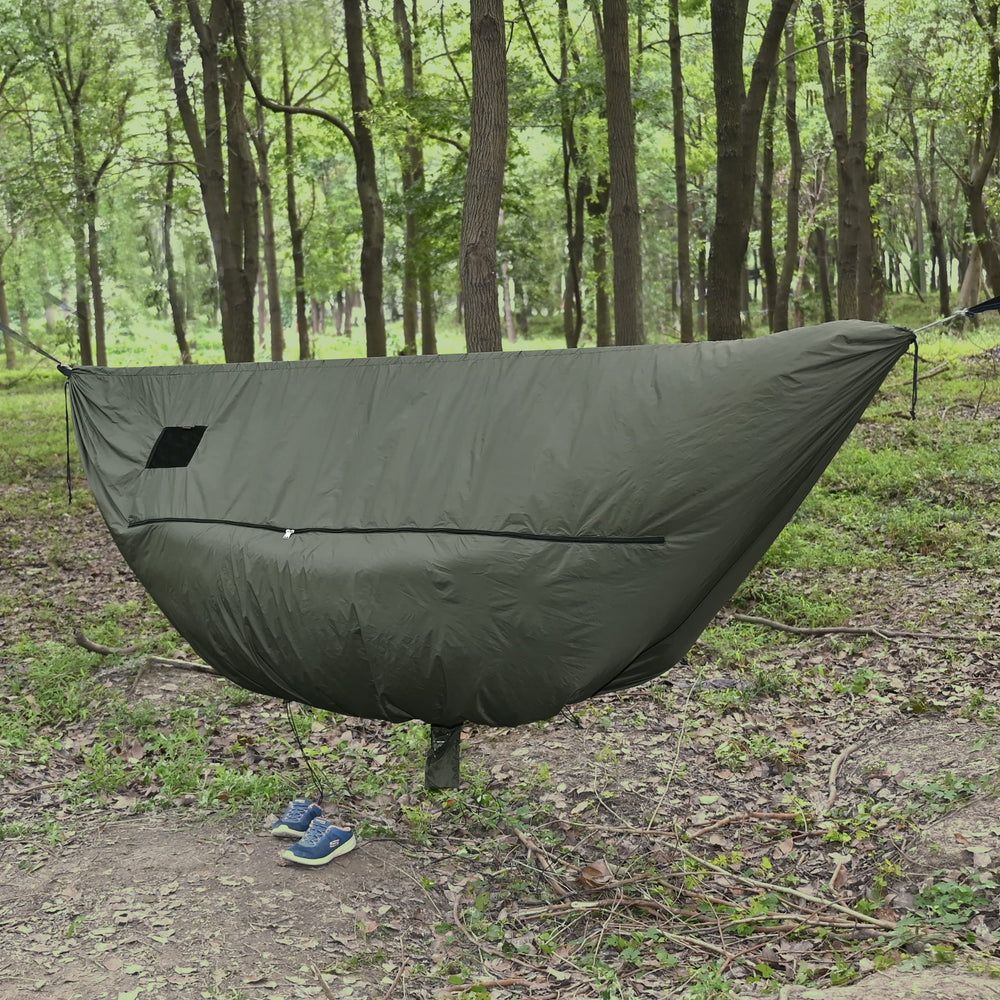 Onewind windsock warms and comforts campers during cold nights in the hammock.