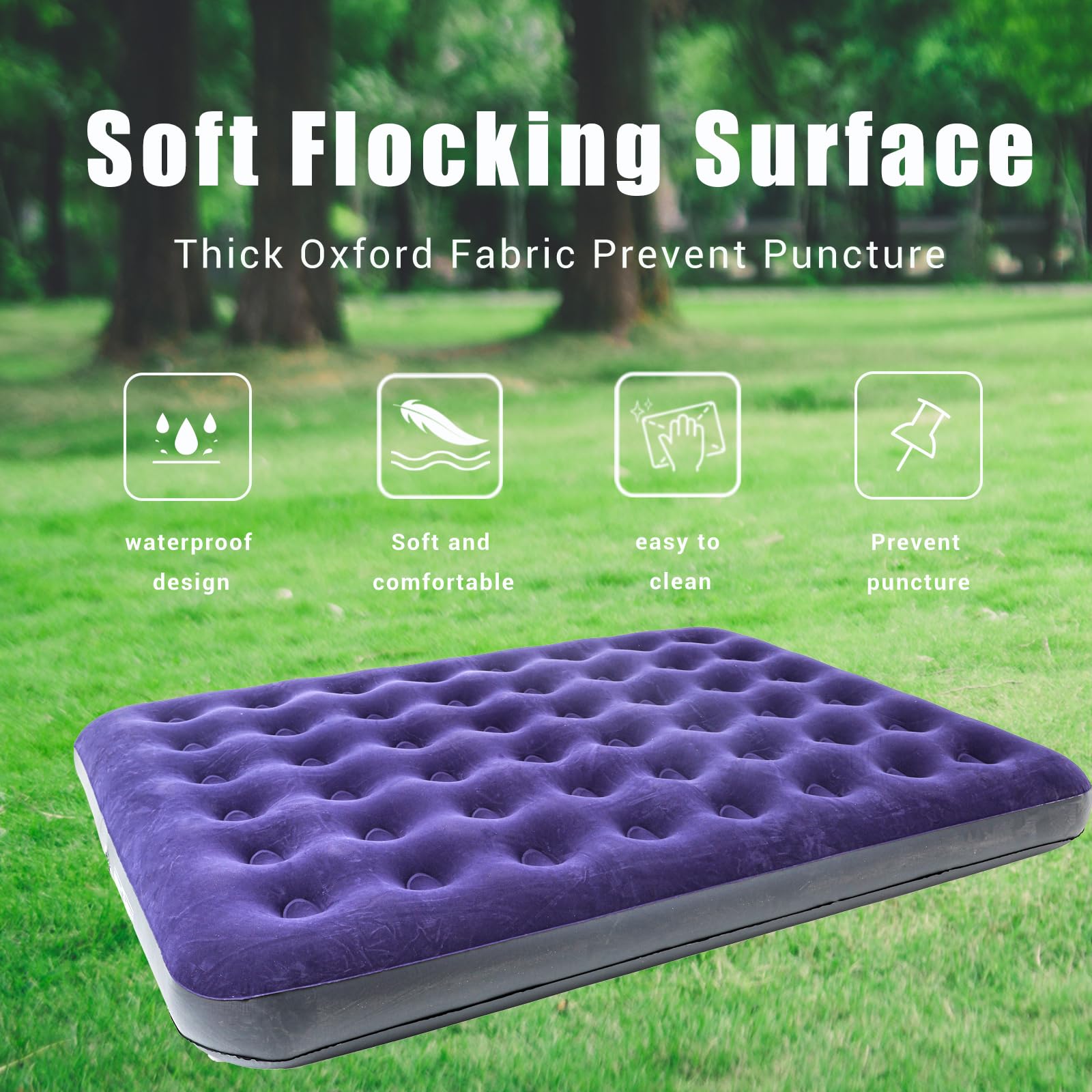 Onirii queen size air mattress fabric closeup highlights thickened PVC and soft flocking