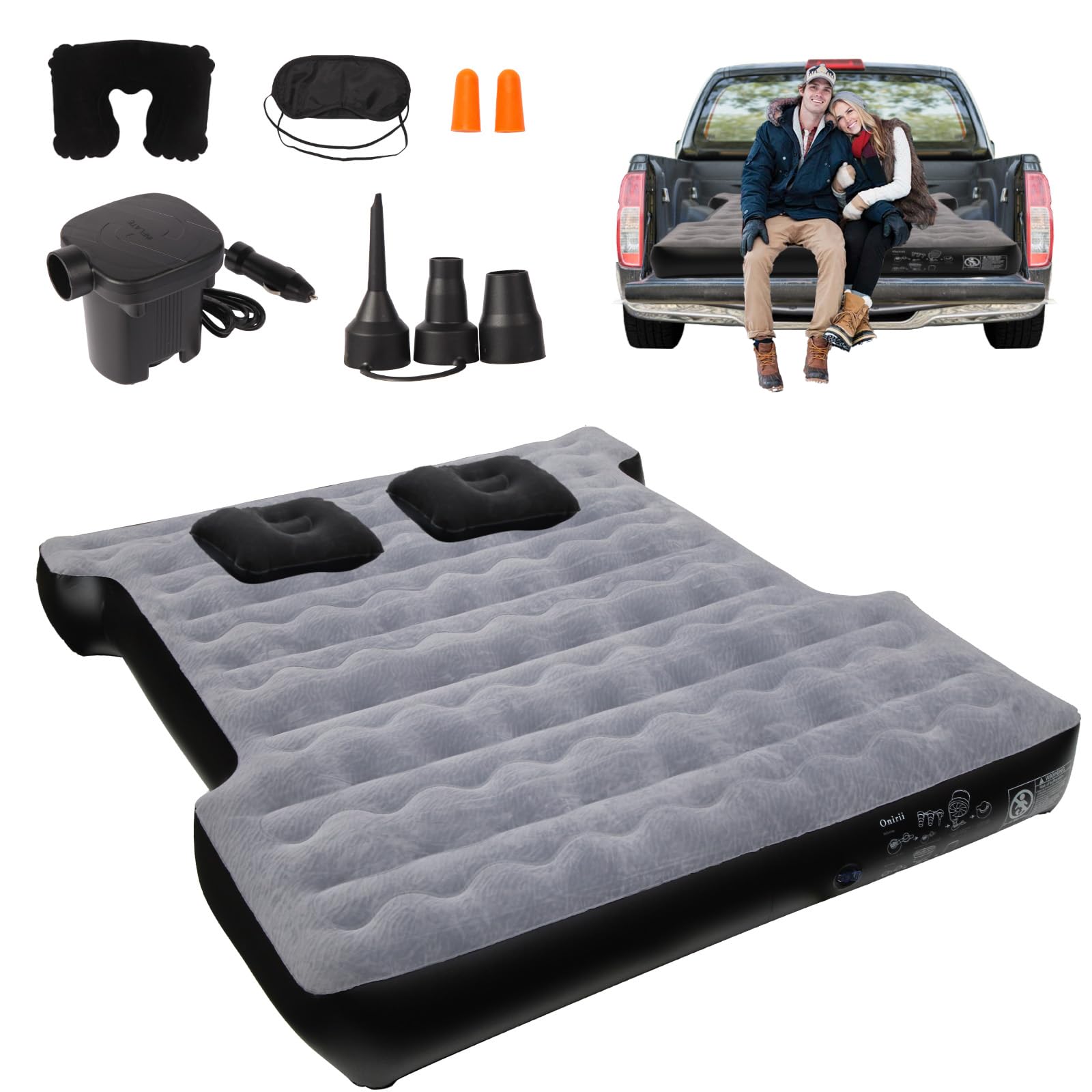 Onirii truck bed mattress inflated to 177x155 cm for cozy road sleep.