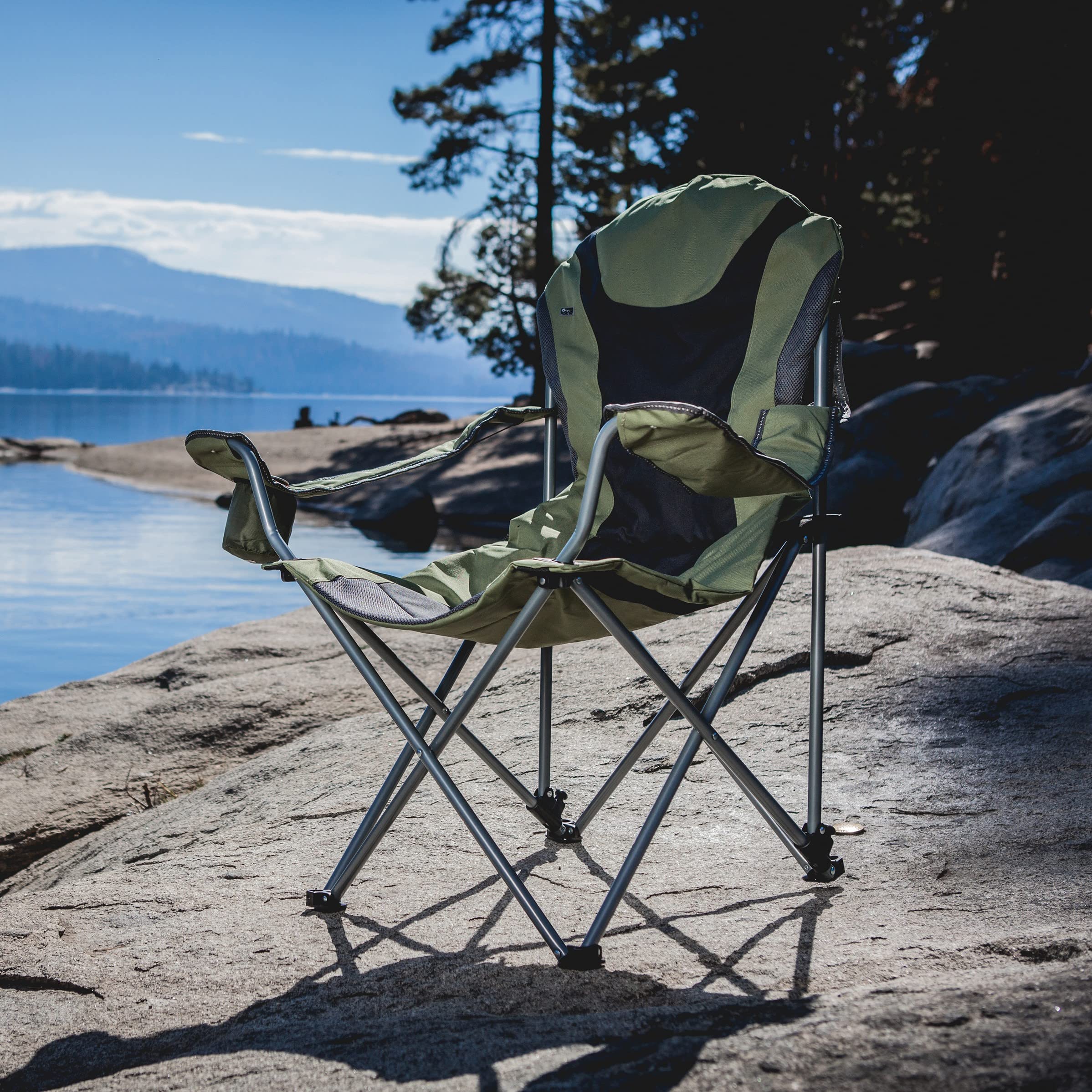 Oniva reclining camp chair side view showing adjustable armrests for personalized comfort