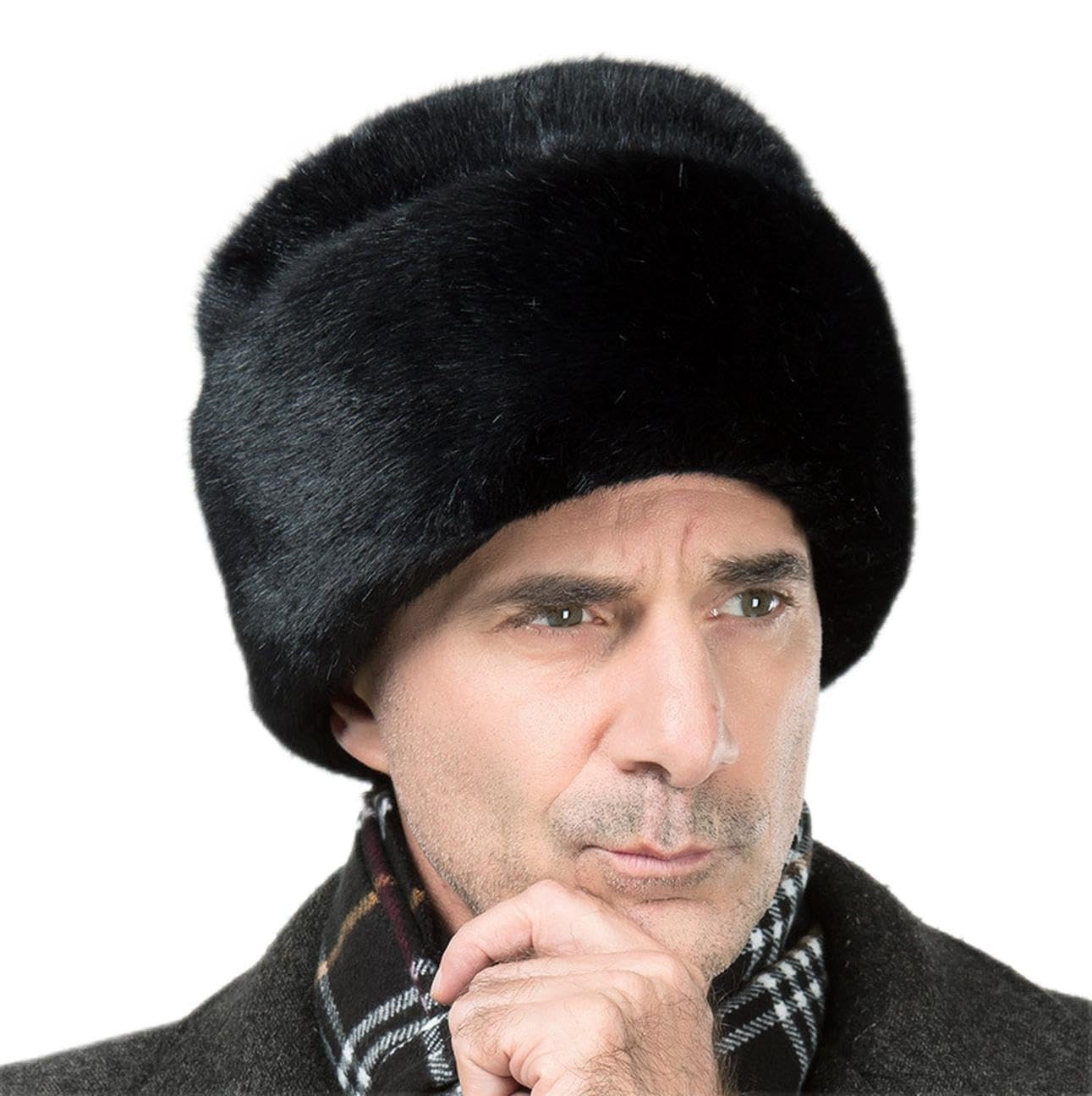 Onlineb2c Fascharmy men's faux mink fur hat front view shows warm, stylish Cossack design.