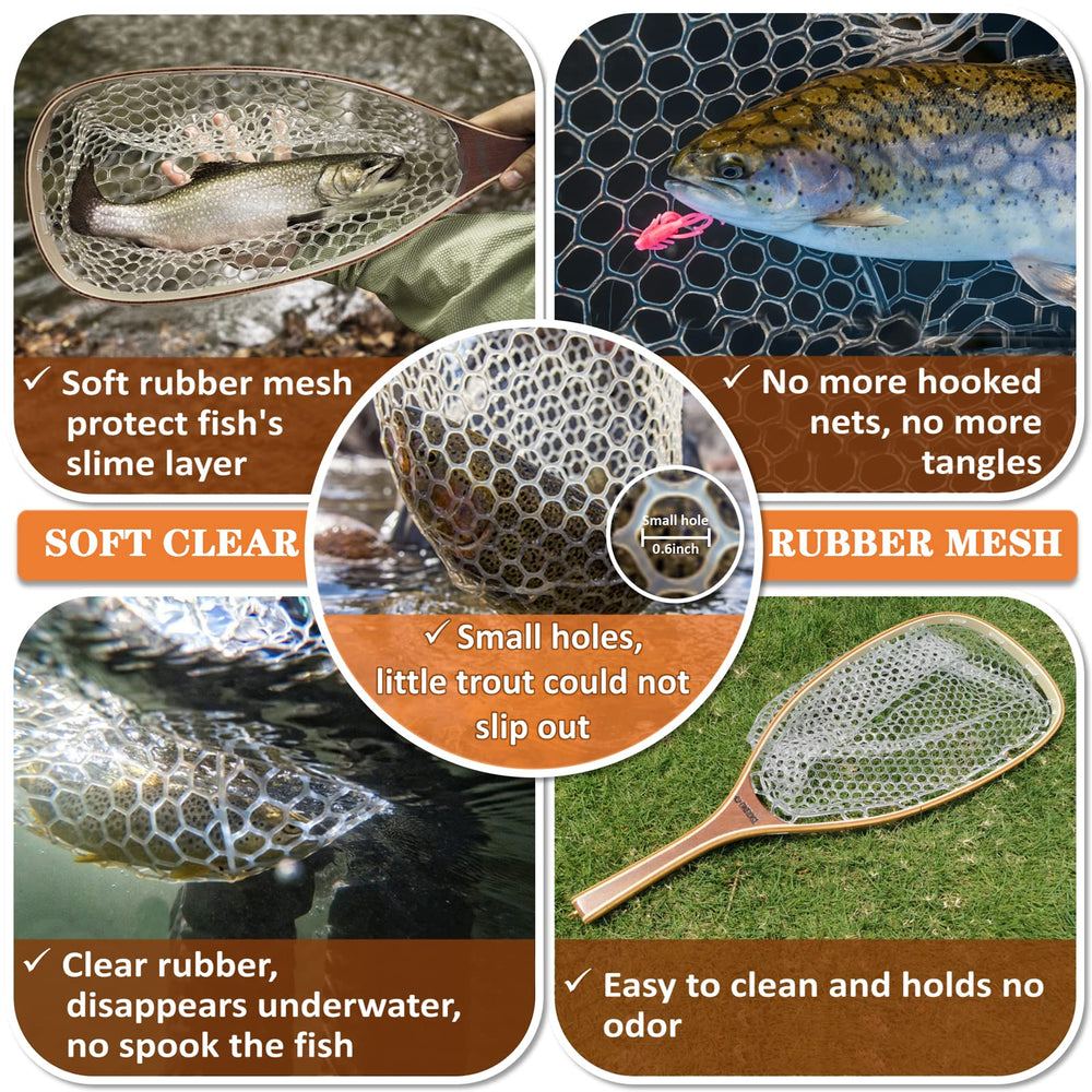 ONROCL wooden-frame trout net floats on water for easy retrieval.