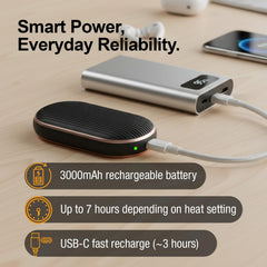 Ontel Handy Heater Ultra 3000mAh battery powers long-lasting warmth up to seven hours.