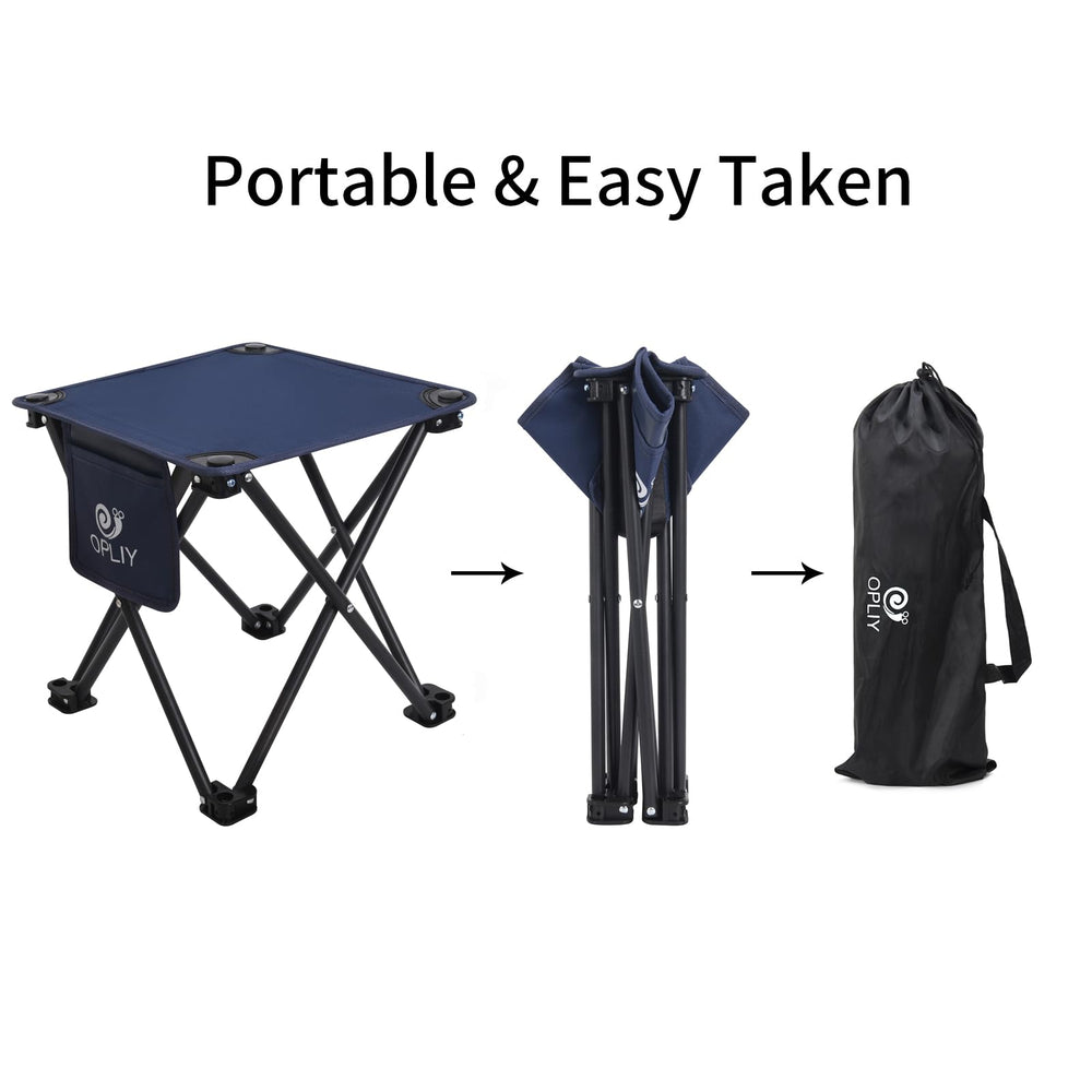 Opliy camping stool blue compact fold demonstrates space-saving design.