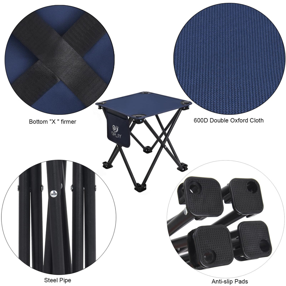Opliy camping stool blue sturdy legs give balance on sand or grass.