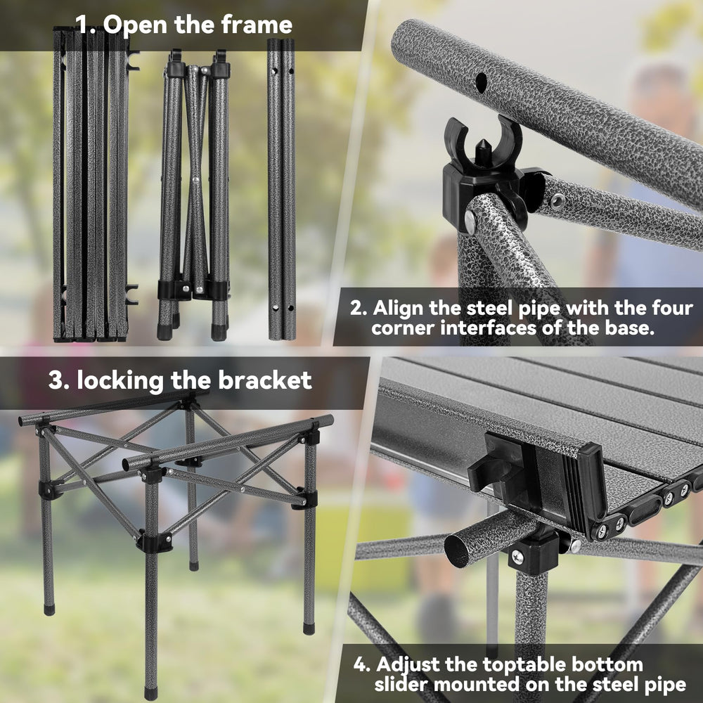 Opliy folding camping table on a beach scene for picnics and conversations during sunny outings