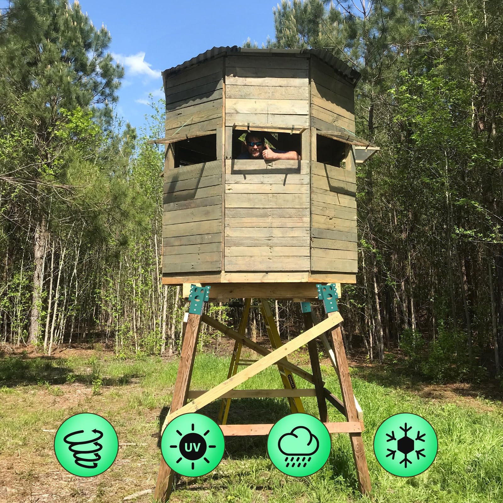 Opmeiro hunting platform bracket green in use for versatile outdoor builds