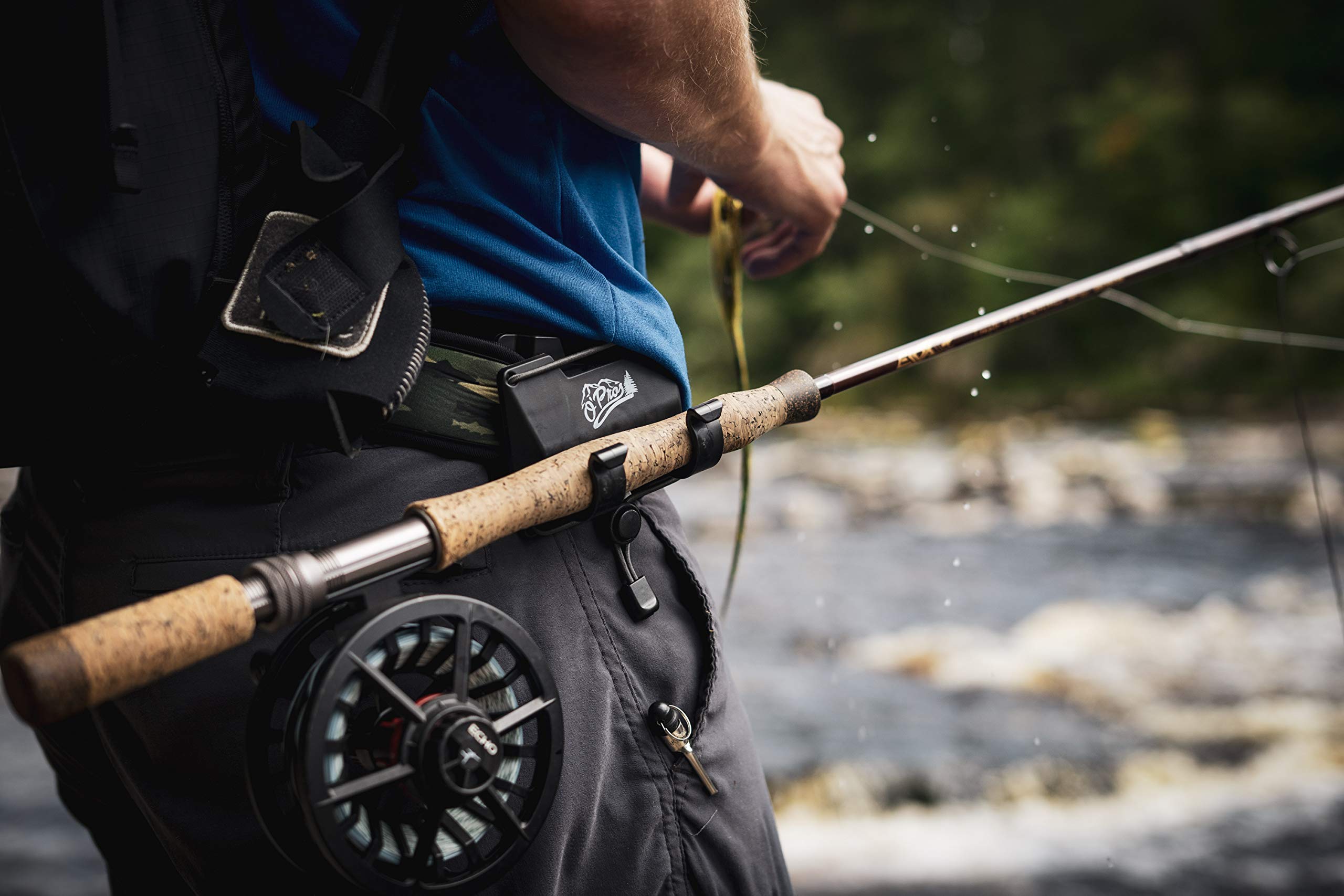 O'Pros adjustable-cinch-cord stabilizes the rod on rough terrain.