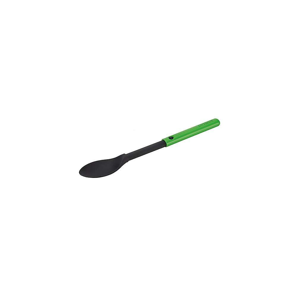 Optimus Sliding Long Spoon extended for pouch meals; convenient, easy to clean.