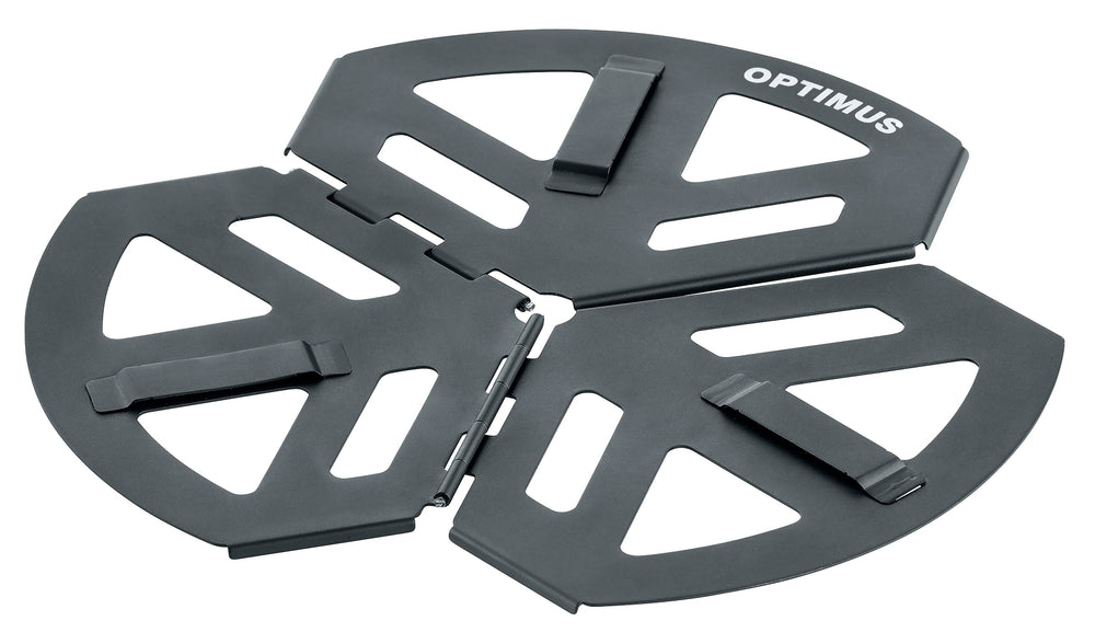 Optimus stove stand on snow stabilizes Polaris and Vega for safer outdoor cooking.