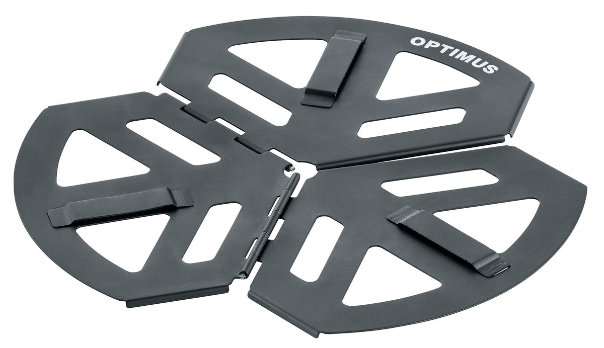 Optimus stove stand on snow stabilizes Polaris and Vega for safer outdoor cooking.