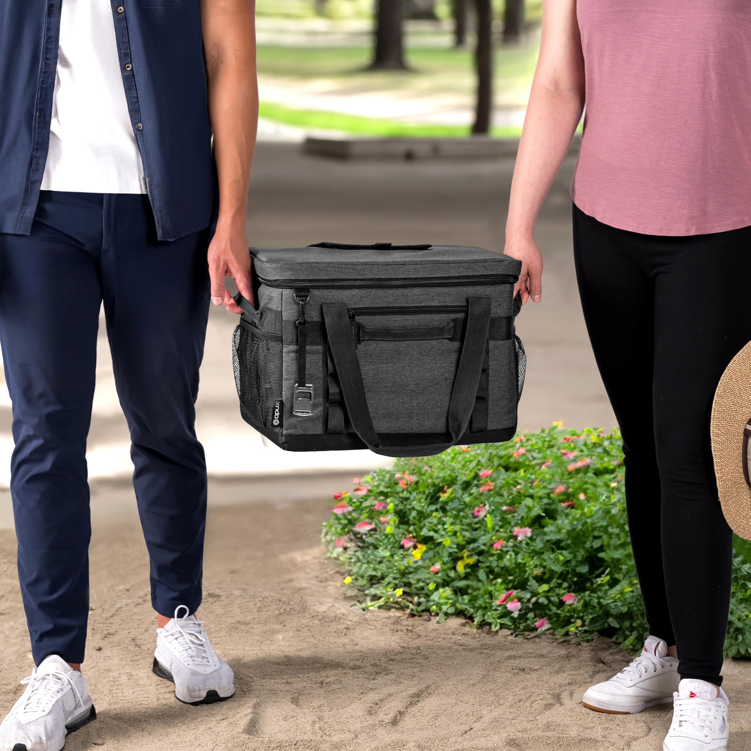 OPUX Cooler Bag mesh side pockets hold cups and utensils