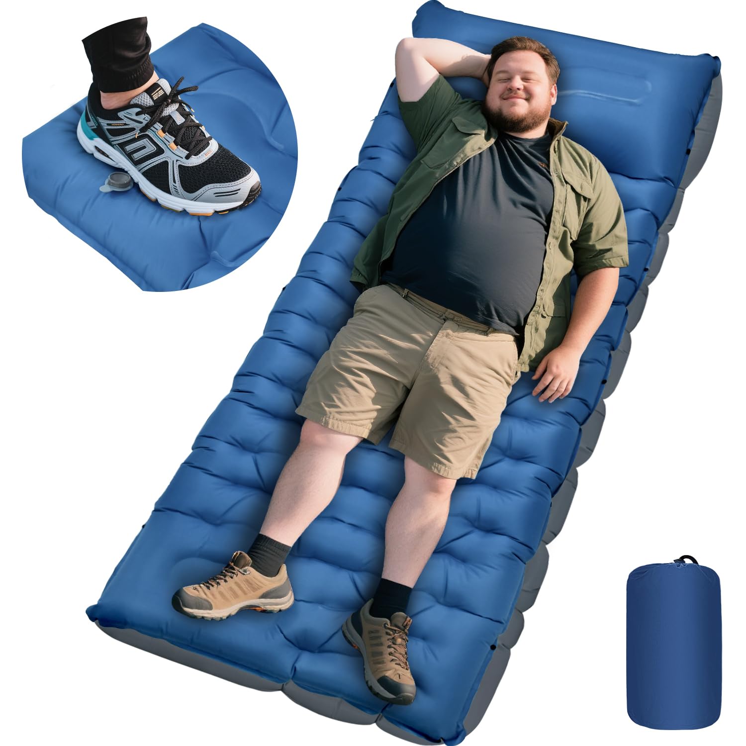 Oramoose camping sleeping pad folded for compact backpack storage.