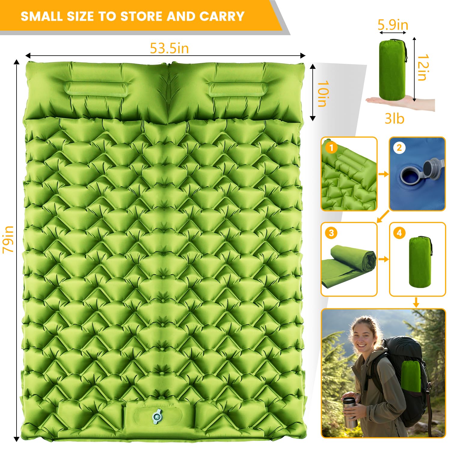 Oramoose double sleeping pad built-in pillow supports neck comfort in tents