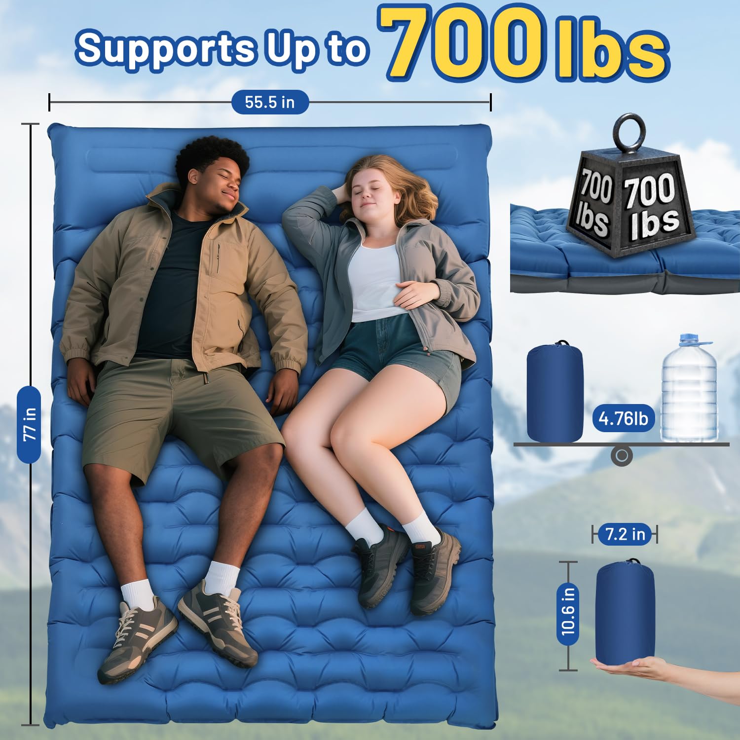 Oramoose double sleeping pad built-in pillows closeup highlights neck support during rest