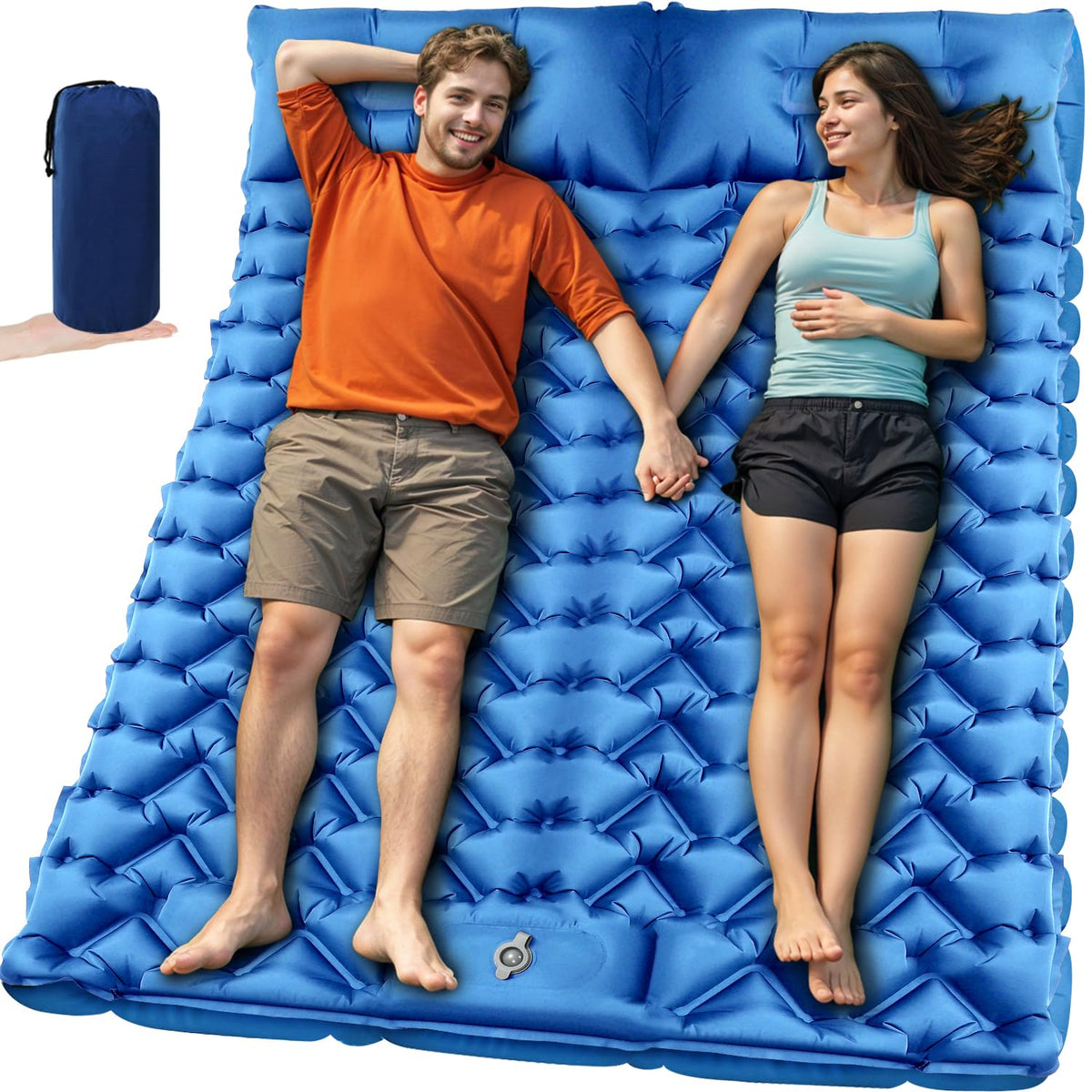 Oramoose sleeping pad double-setup shows cozy two-person camping bed for restful nights