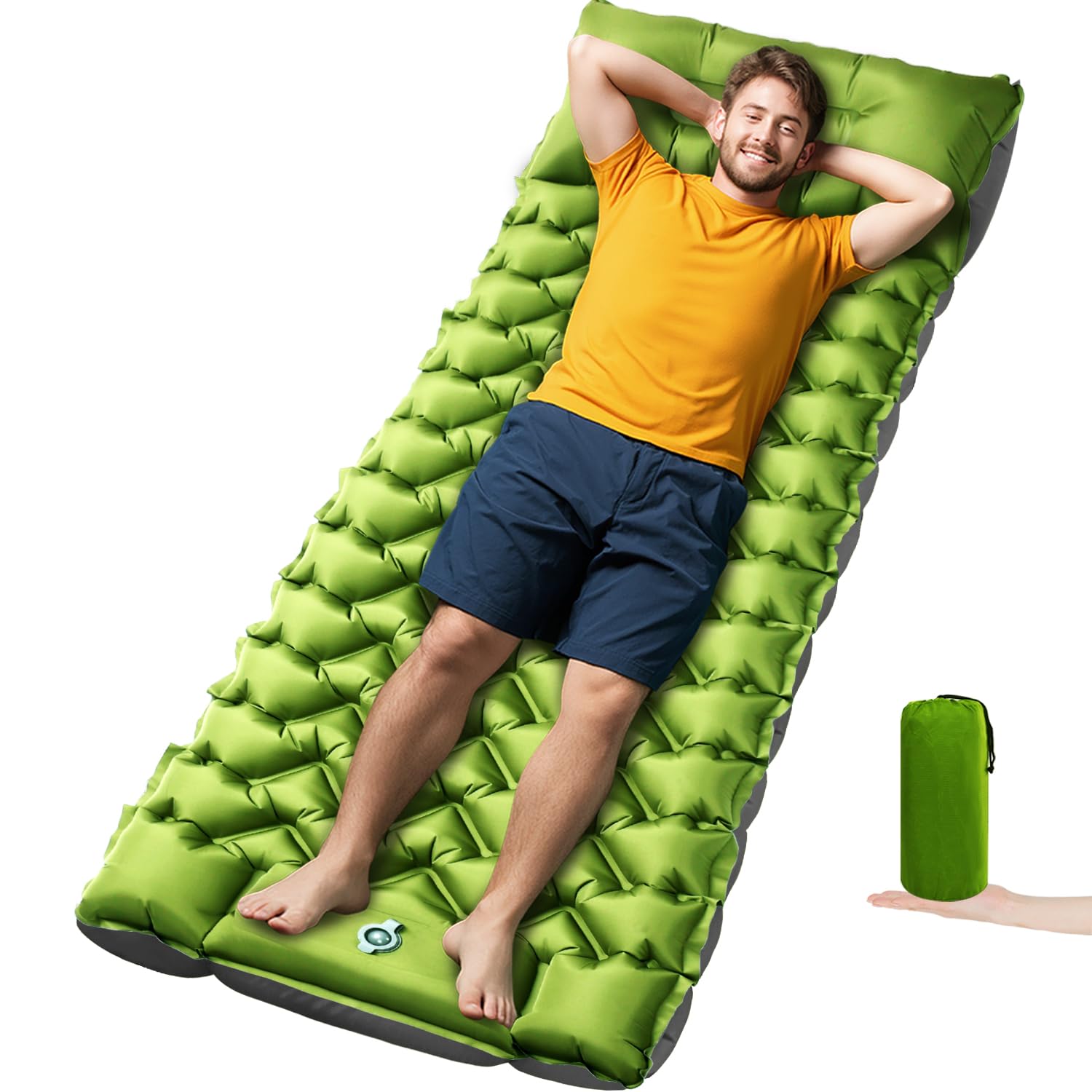 Oramoose ultralight camping sleeping pad with built-in pillow for all-night comfort.