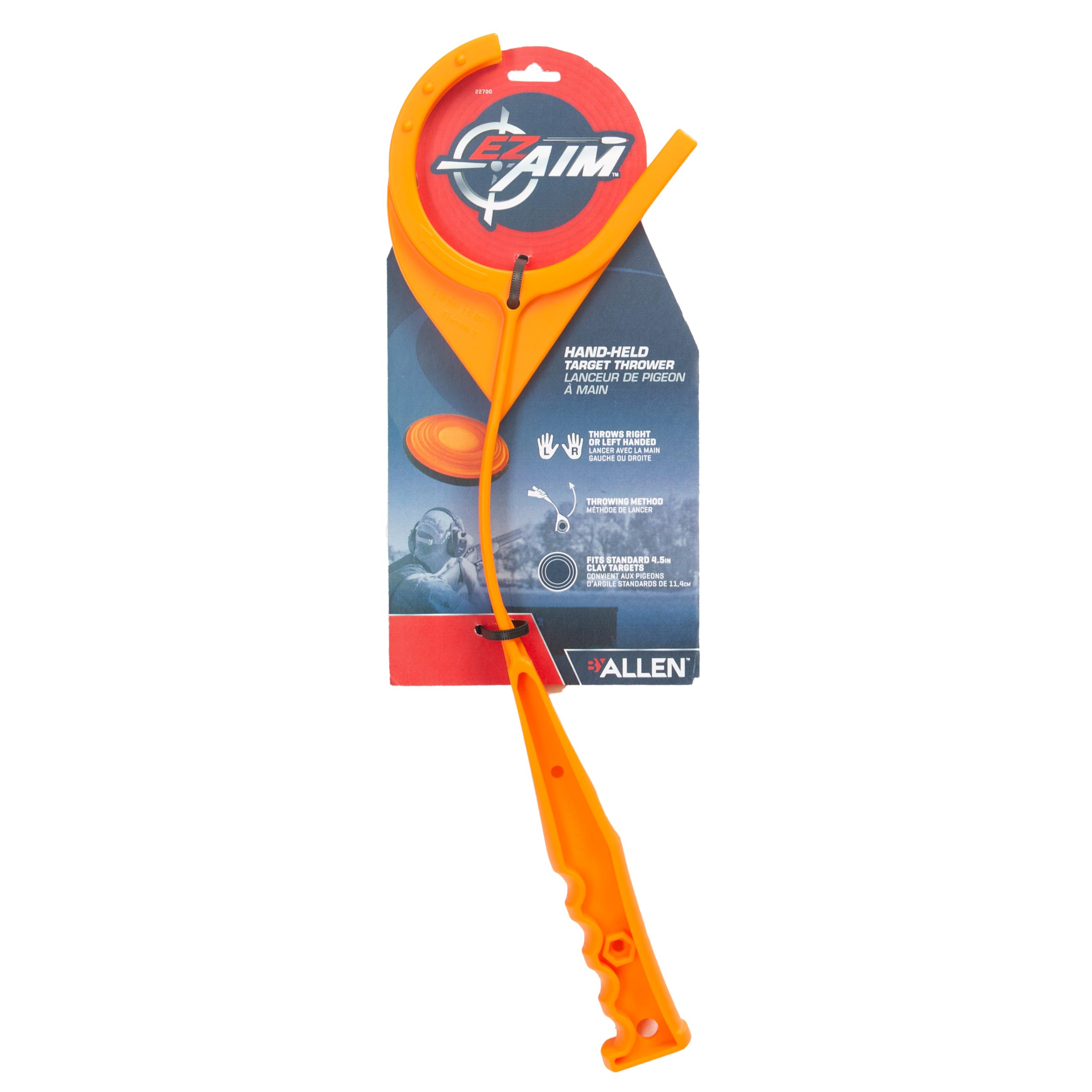 Compact handheld clay target thrower with bright orange color for high visibility