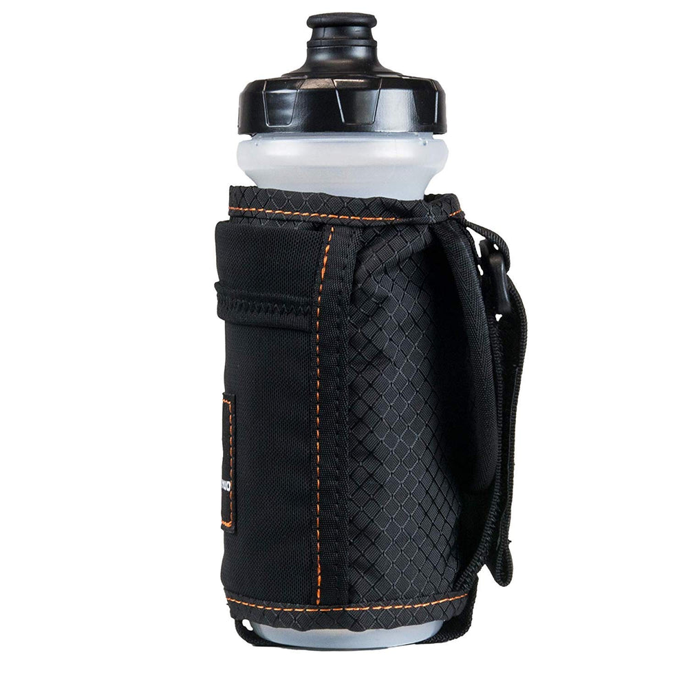 Orange Mud handheld hydration pack with bottle, secure grip for steady runs.