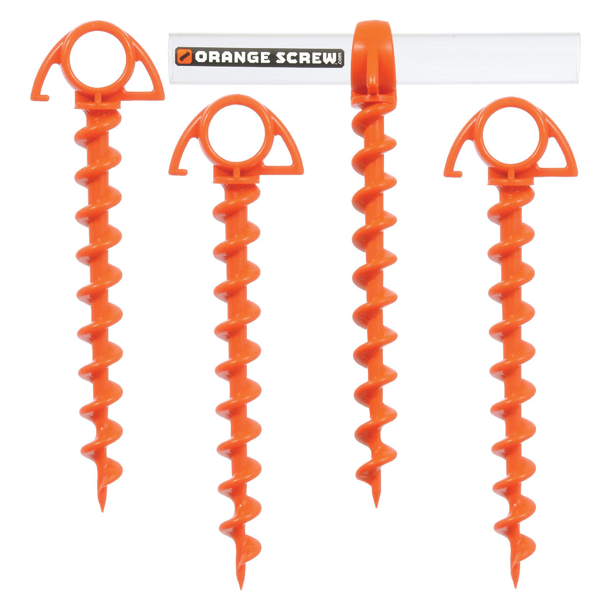 Orange Screw ground anchor close-up highlights durable threads for a secure grip.
