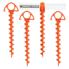 Orange Screw ground anchor close-up highlights durable threads for a secure grip.