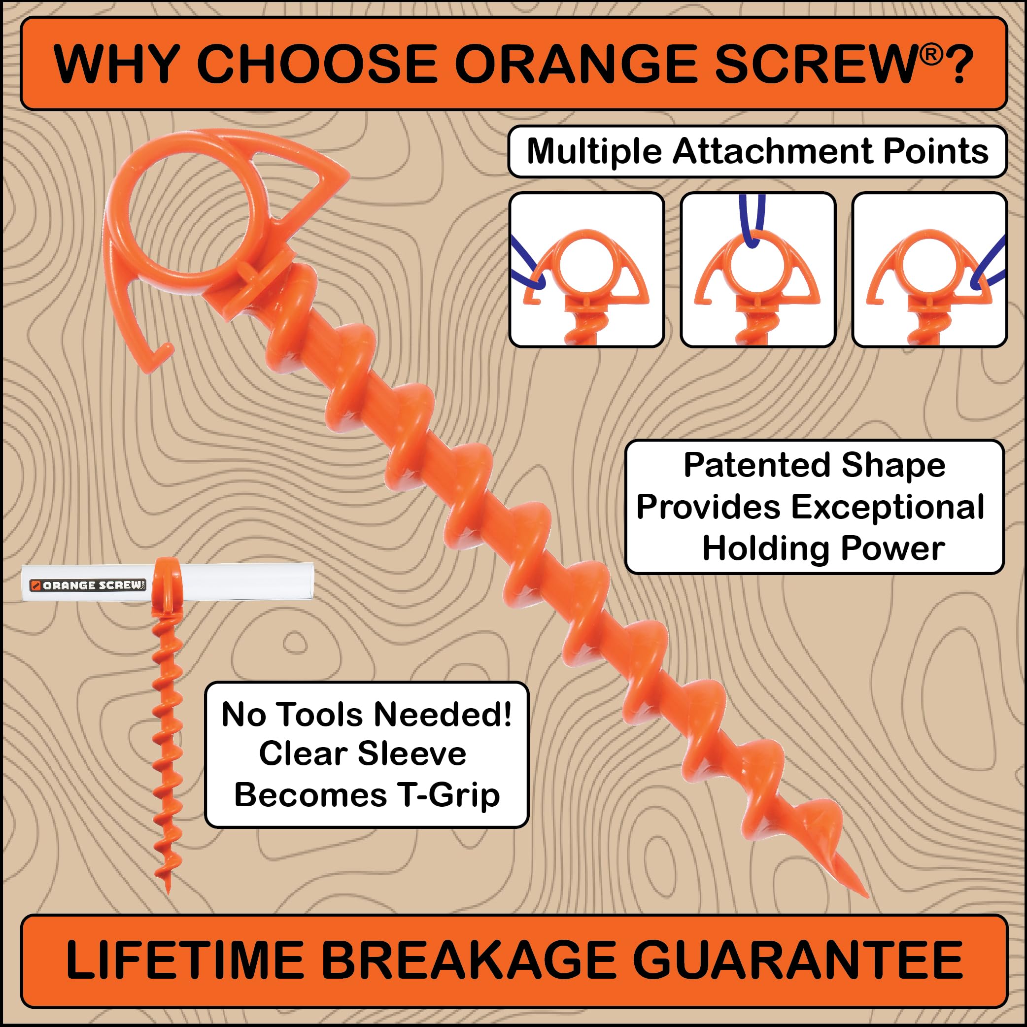 Orange Screw ground anchor secured in sand for beach setups.