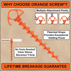 Orange Screw ground anchor secured in sand for beach setups.