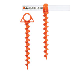 Orange Screw ground anchors in a large pack secure tents and canopies on windy days.