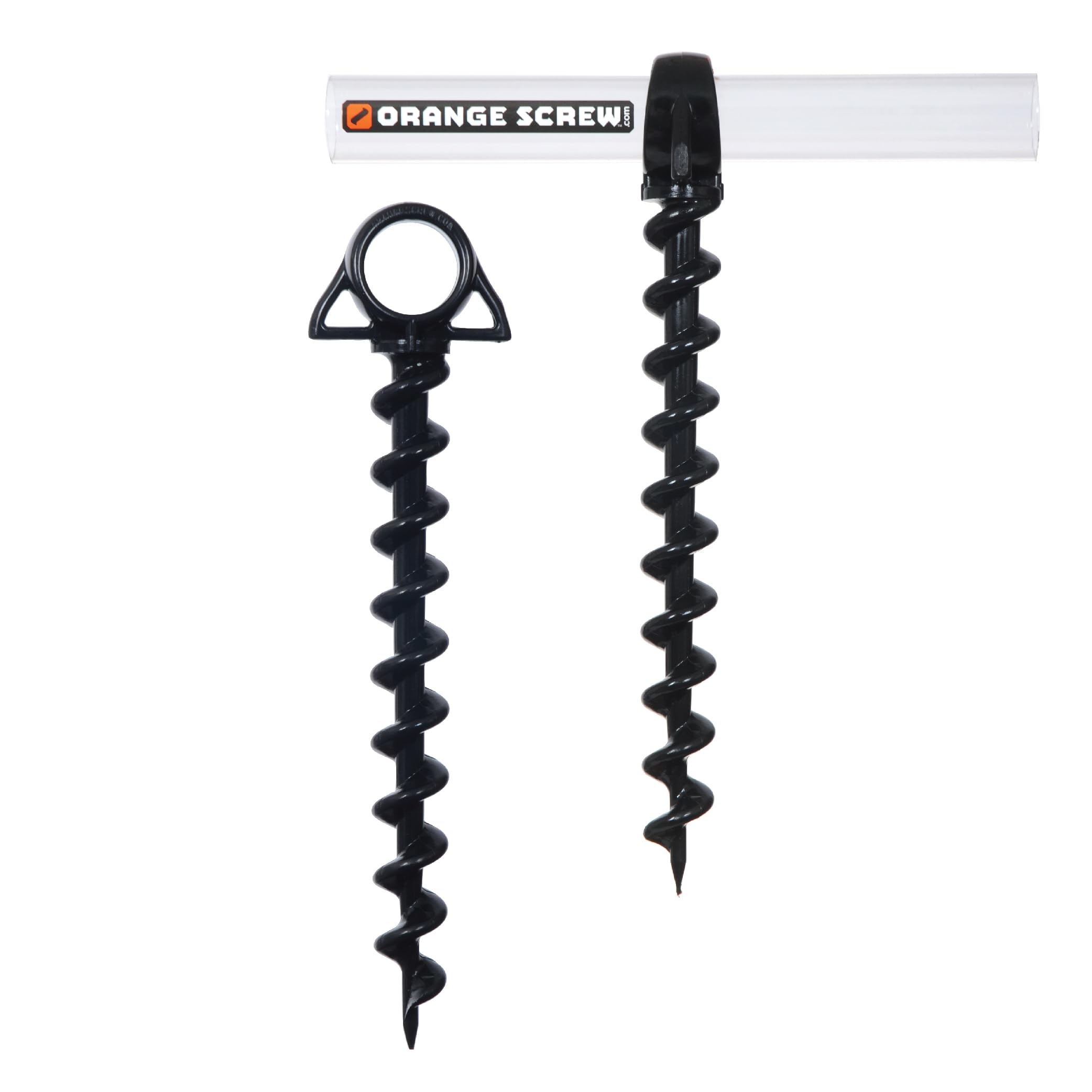 Orange Screw heavy-duty ground anchor, large two-pack, ready for robust outdoor setups.