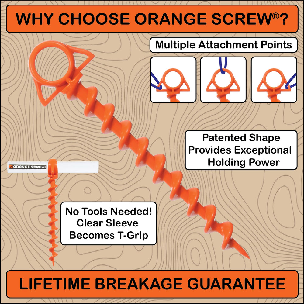 Orange Screw heavy-duty stake resists high winds for tents and canopies.