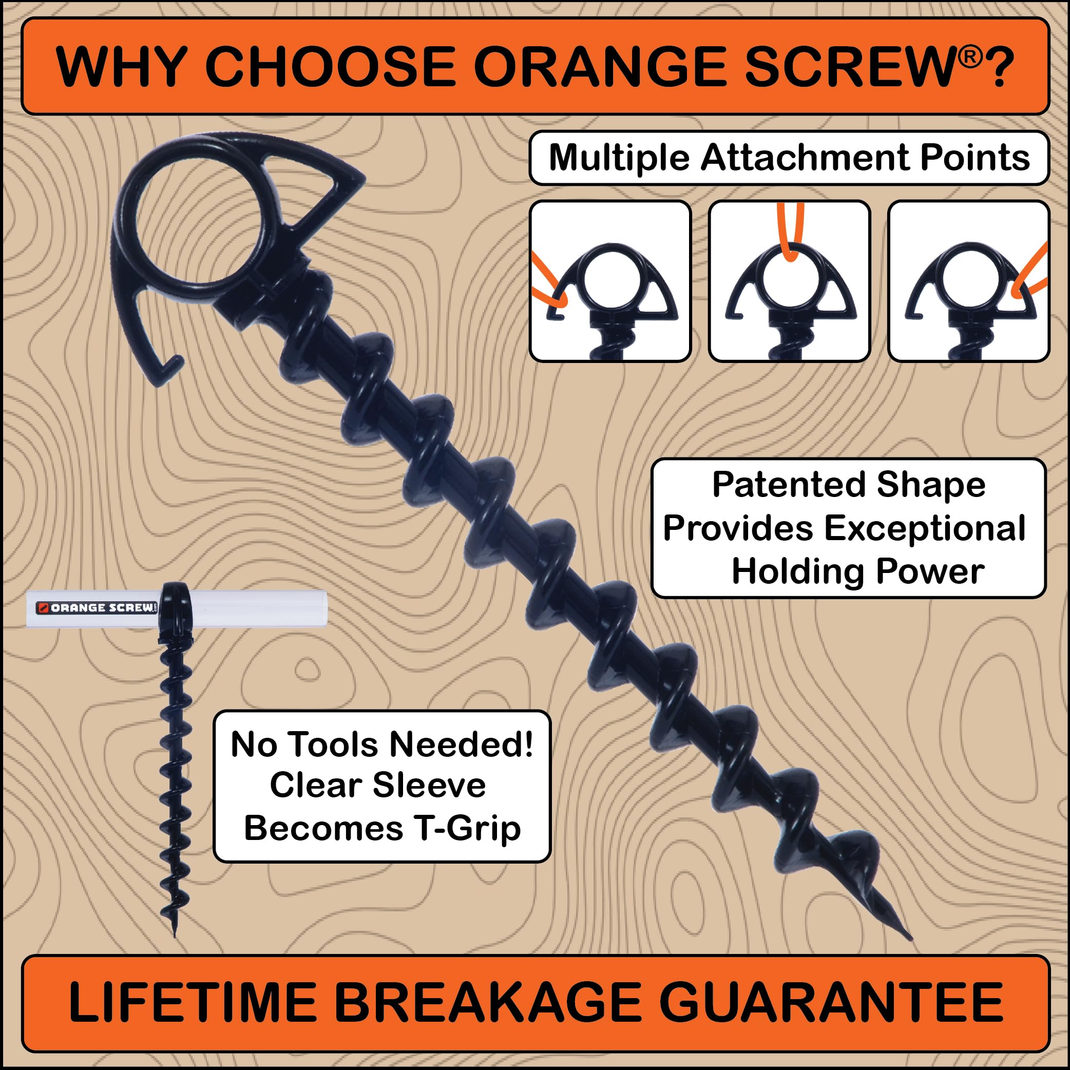 Orange Screw anchor close-up demonstrating rugged threading for secure ground insertion.