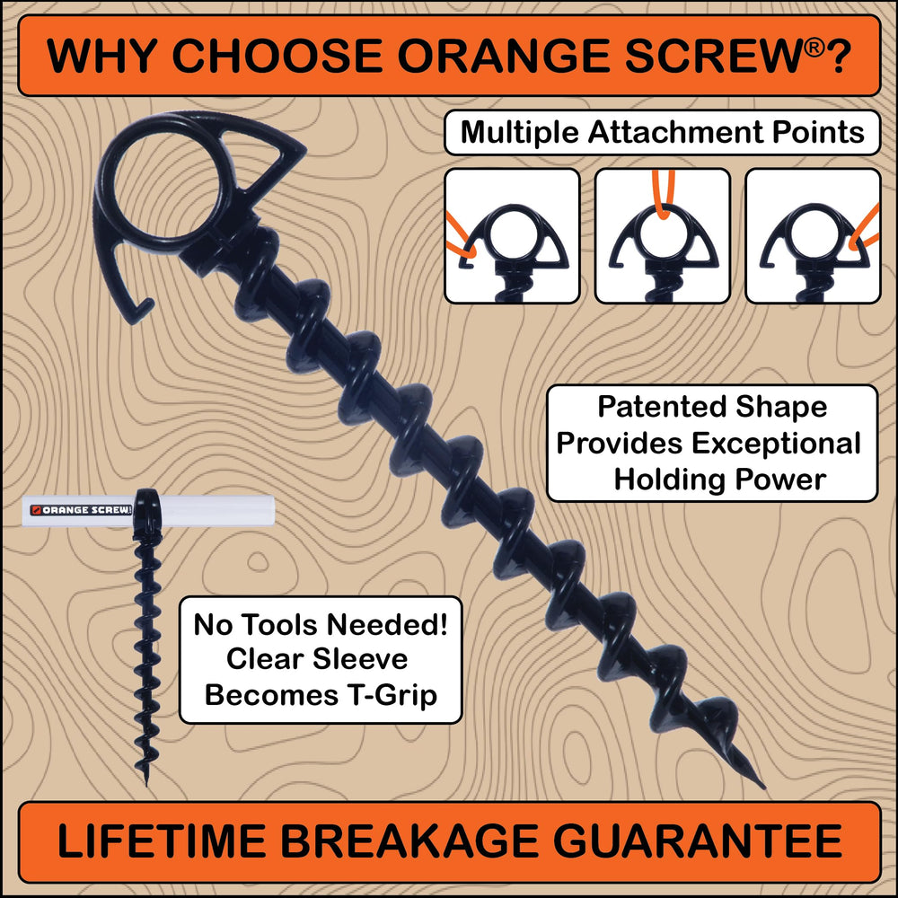 Orange Screw anchor close-up demonstrating rugged threading for secure ground insertion.