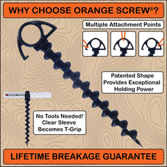 Orange Screw anchor close-up demonstrating rugged threading for secure ground insertion.