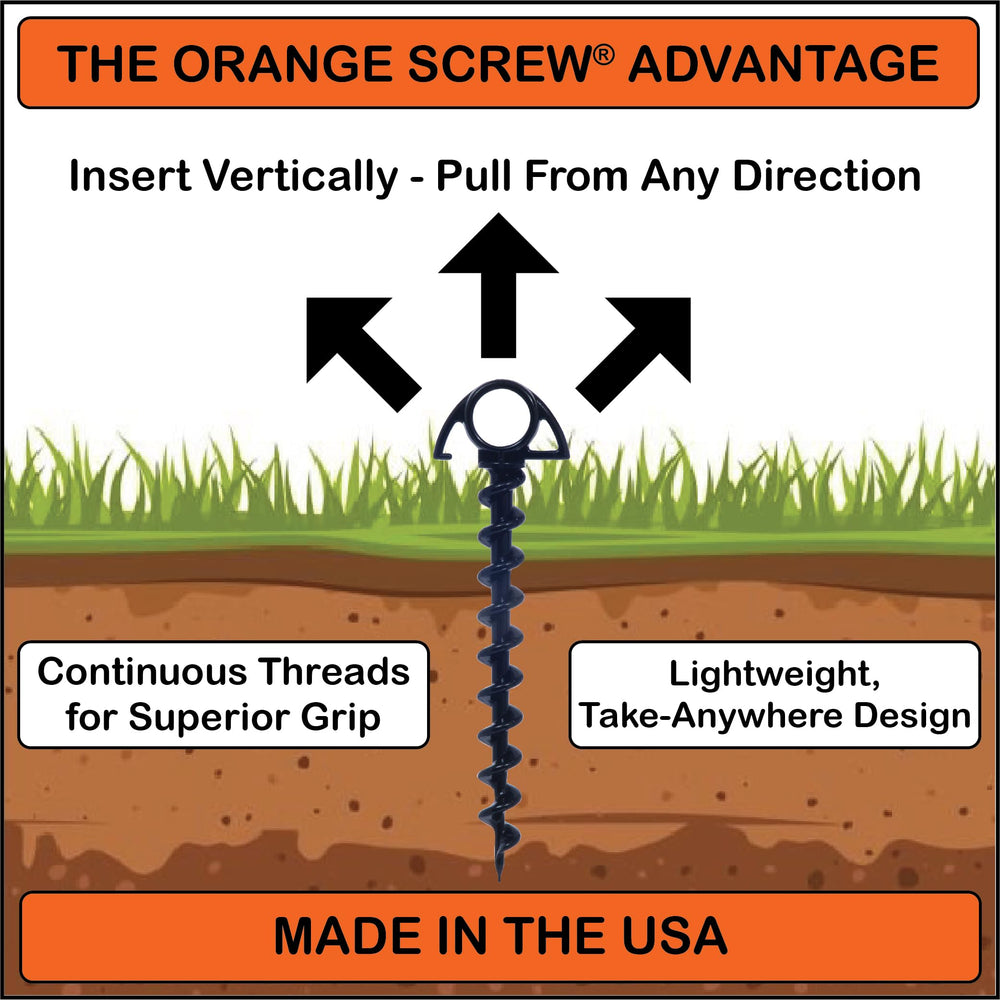 Orange Screw anchors installed in sand for stable beach gear.